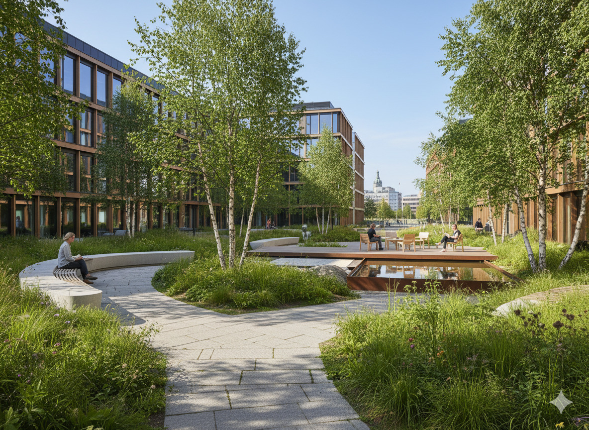 Offentlig park med lekplats och naturområden